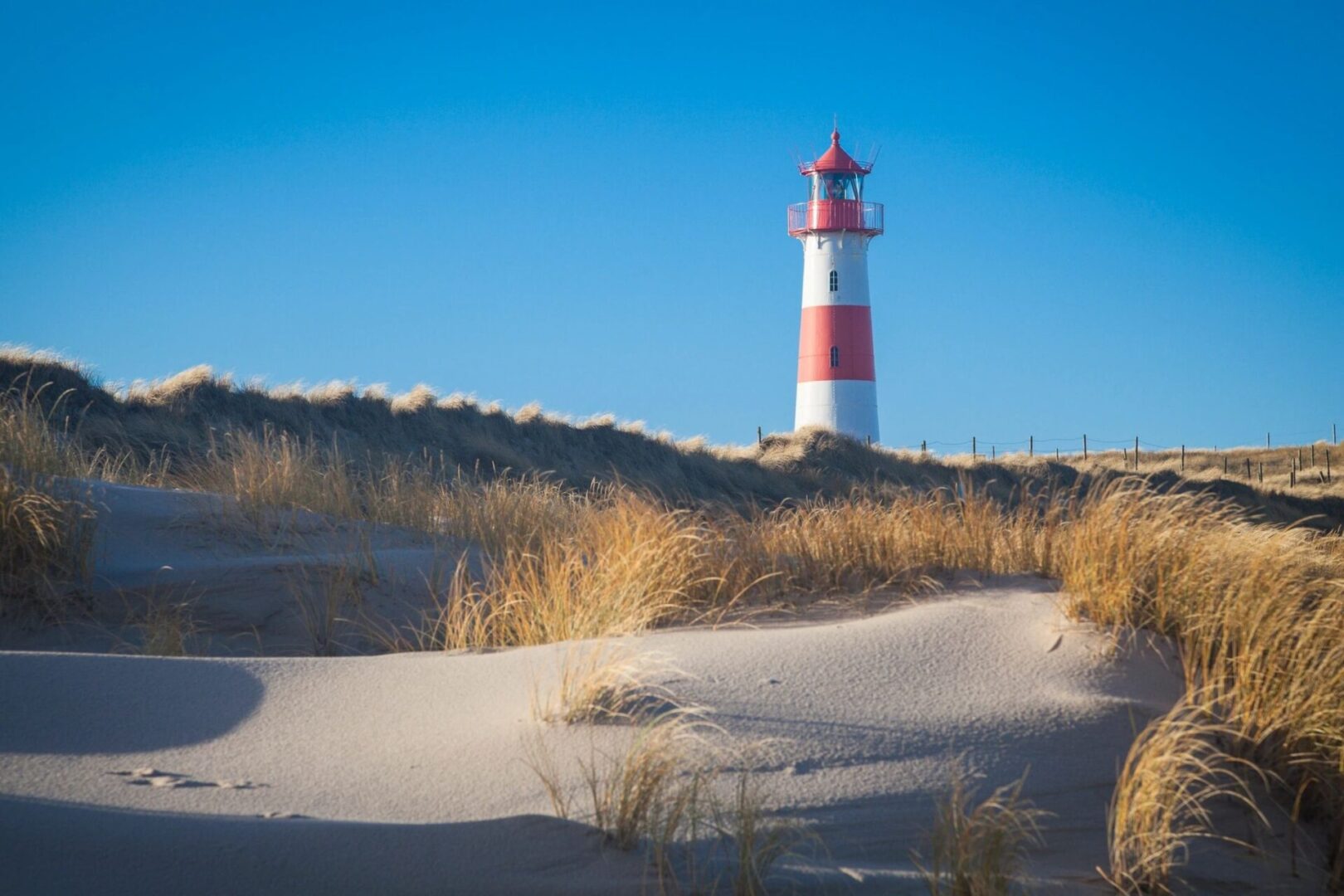 A lighthouse on the beach with sand and grass