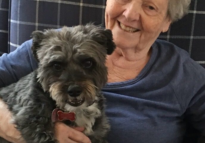 A woman holding a dog in her lap.